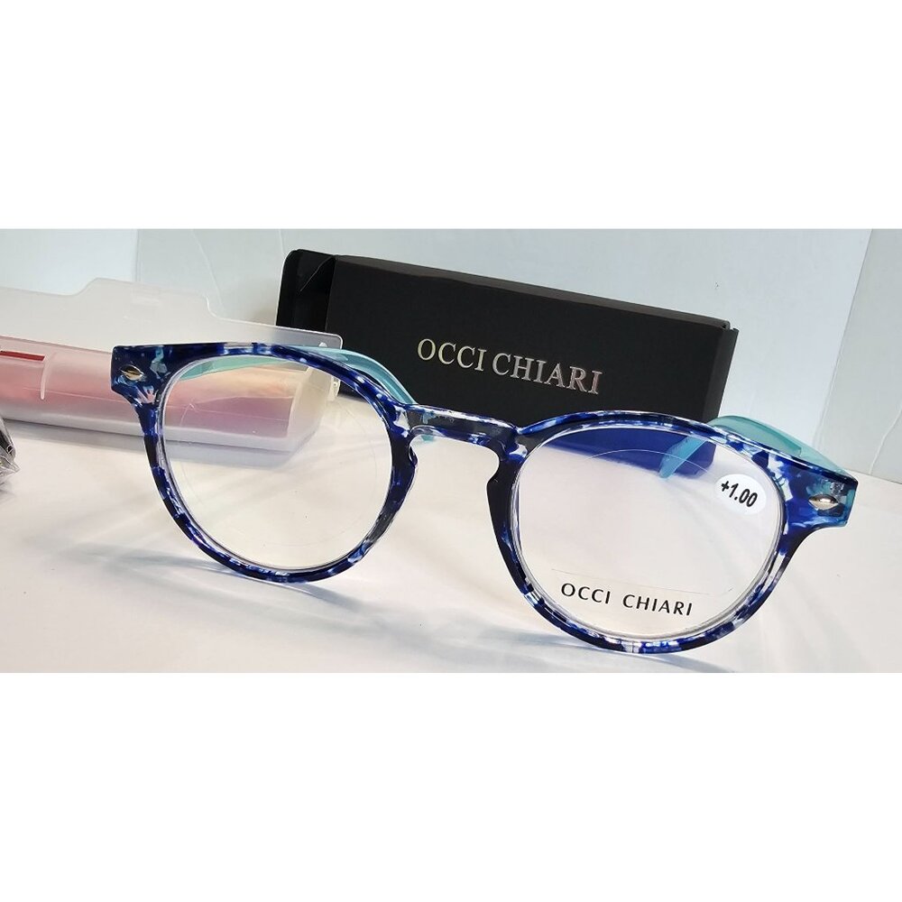 Occi Chiari Blue Reading Glasses +1.00 Power Unisex Round Design Marble Style